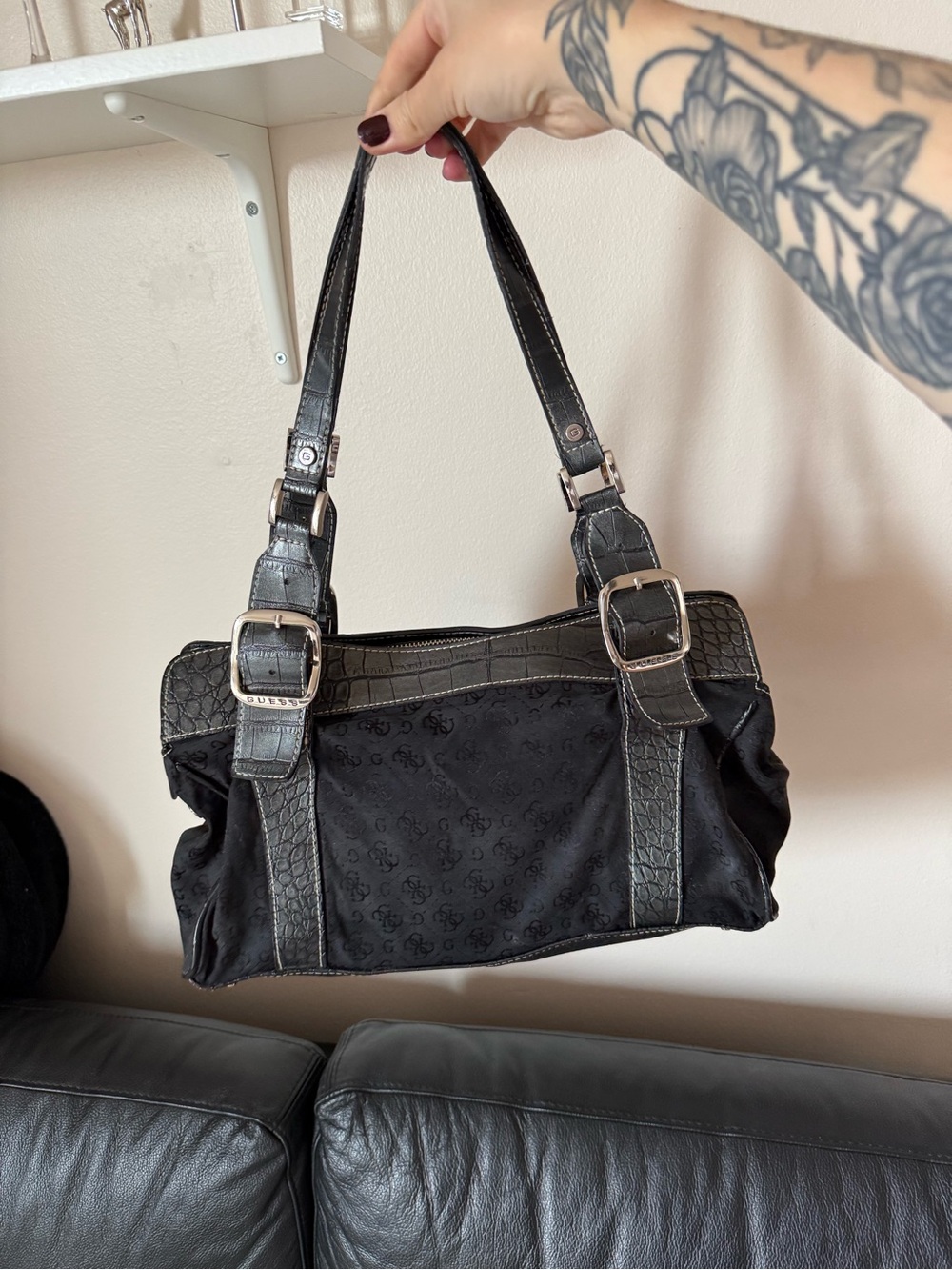 Guess Black Logo-Print Shoulder Bag with Silver Buckle - Picture 3 of 10